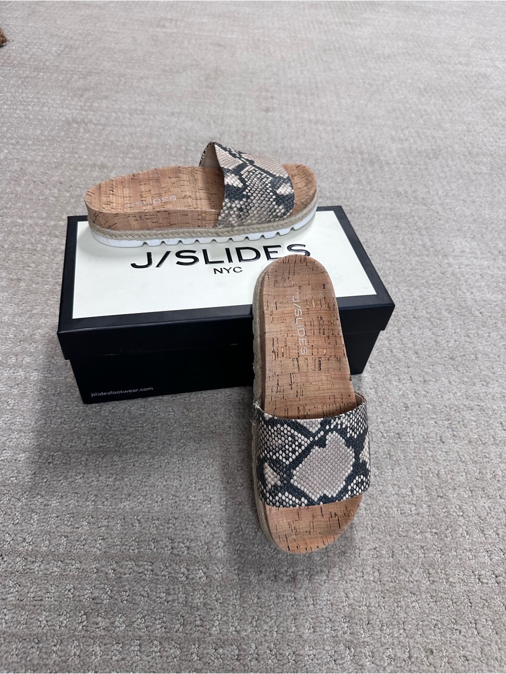 J/SLIDES Women's Libby Snake-Print Cork Slide Sandals in Black and Cream